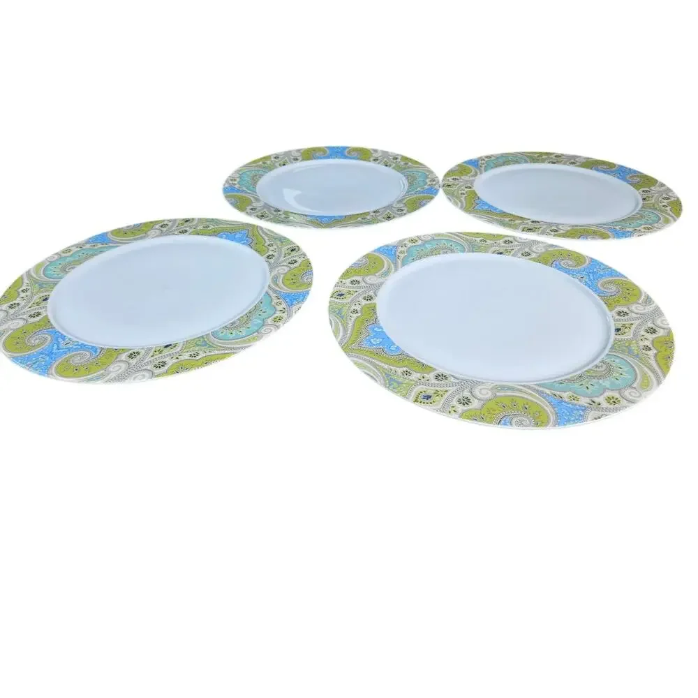 Set of 4 Porcelain Paisley Green Blue Dinner Plates 10.75